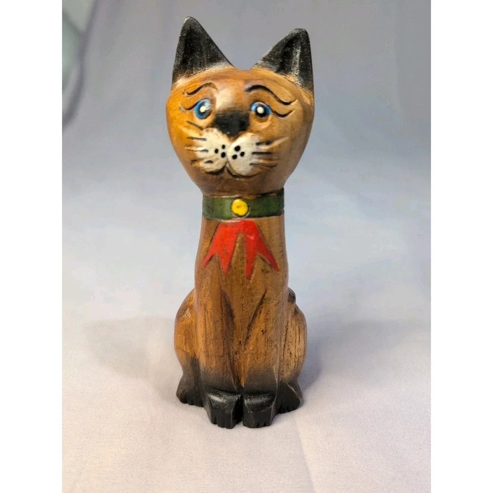 Vintage‎ Wood Hand Carved Siamese Cat Figure Collectible Decor Good Luck Cat